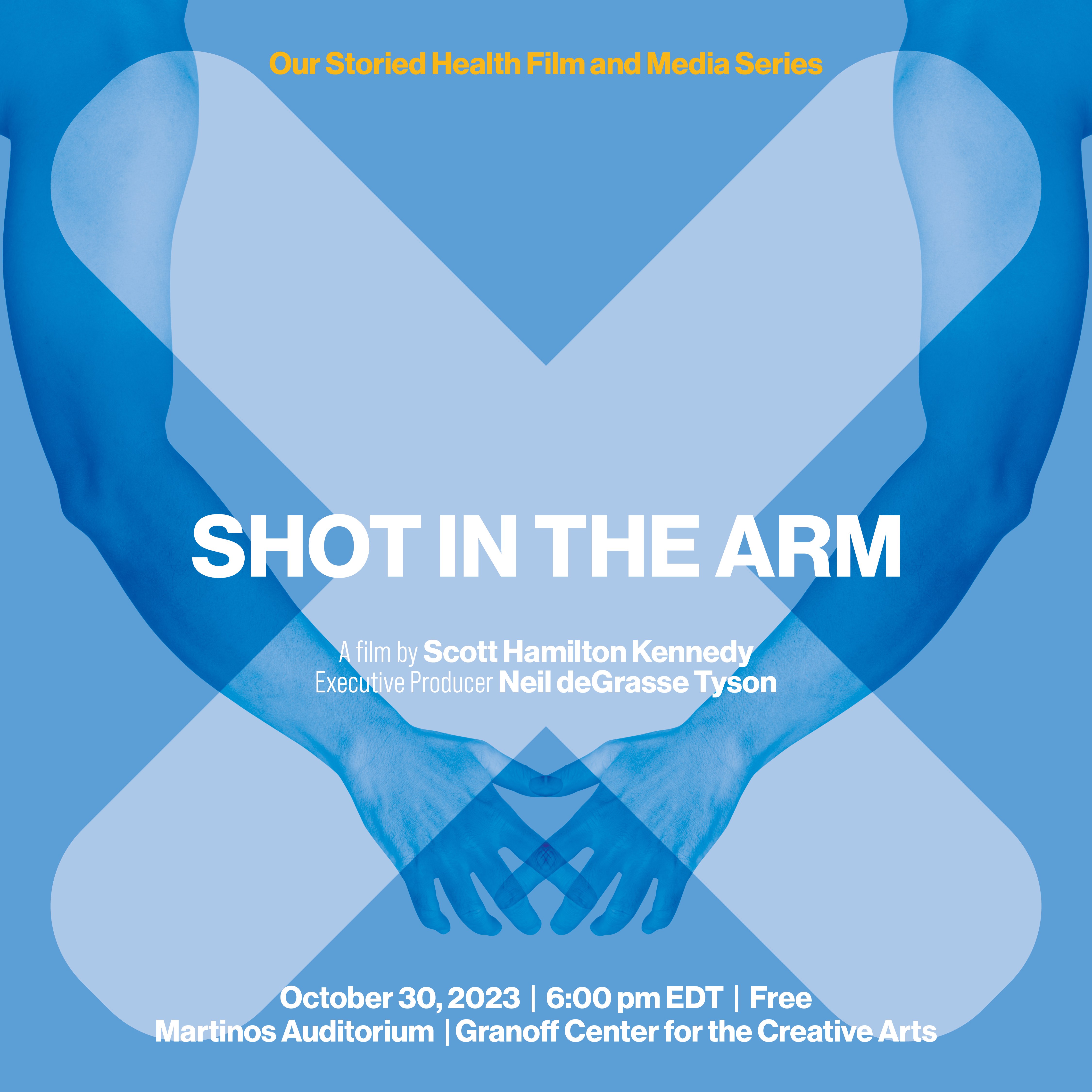 Shot in the Arm. Blue background with large white X in the center, two arms reaching towards each other.
