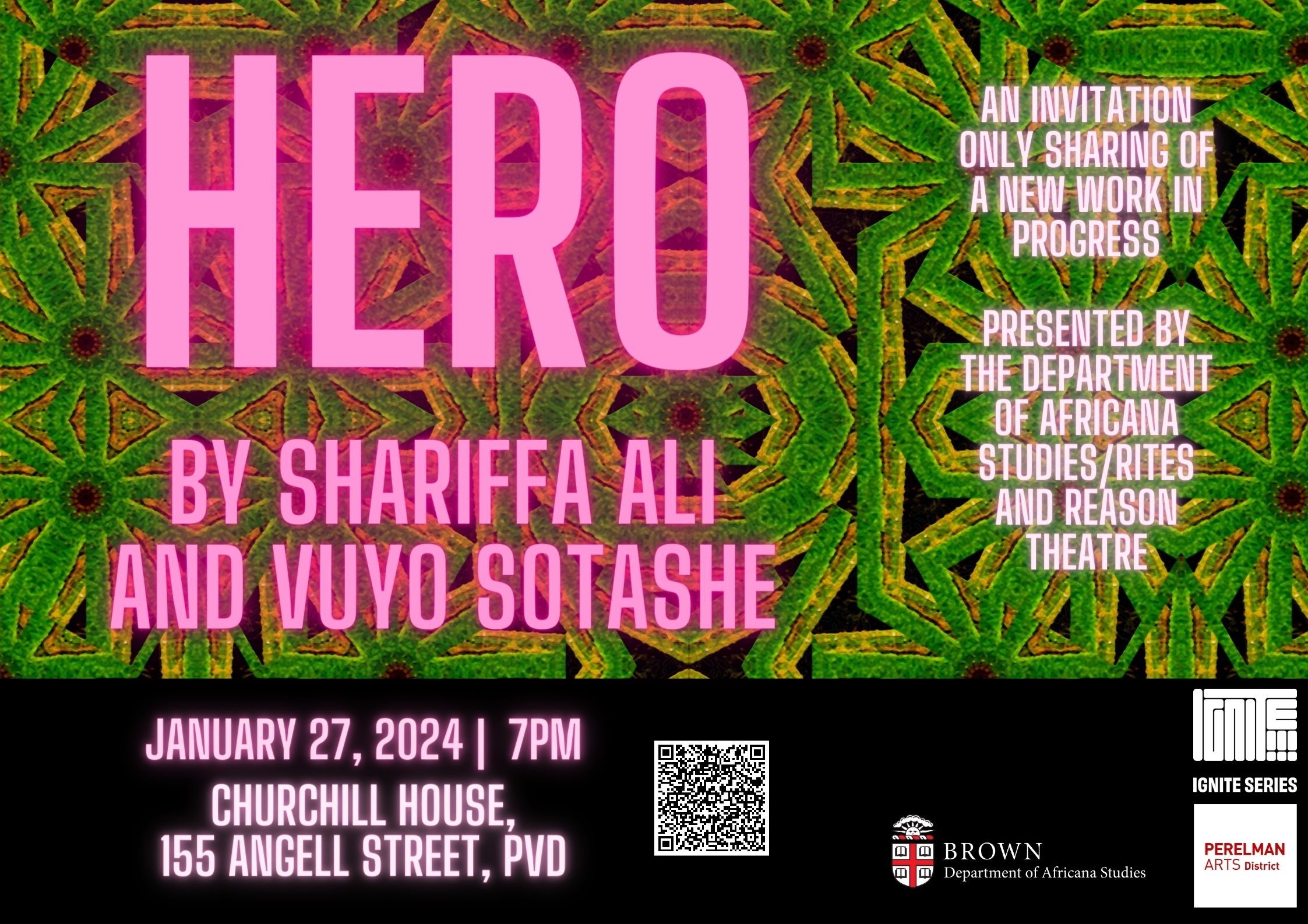 Hero poster. Pink text on green background
