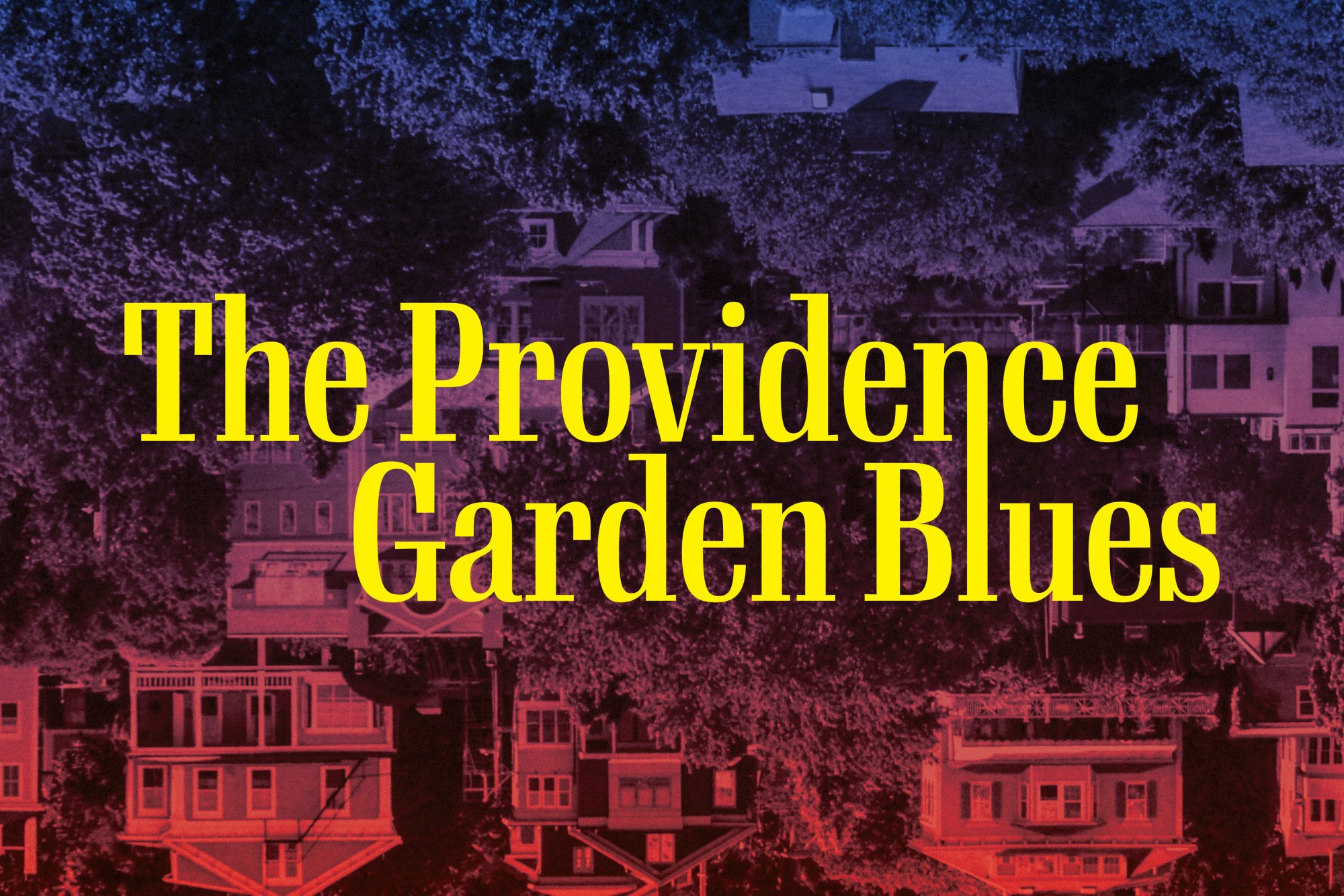 The Providence Garden Blues on a background of upside down houses in a gradient of purple to pink