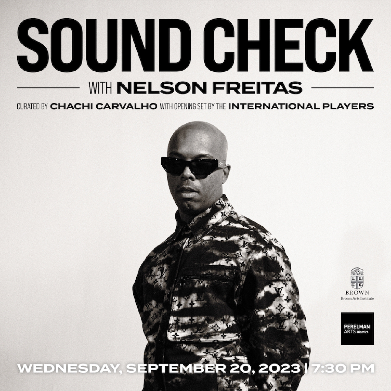 The press image for Sound Check, featuring a black and white photo of Nelson Freitas