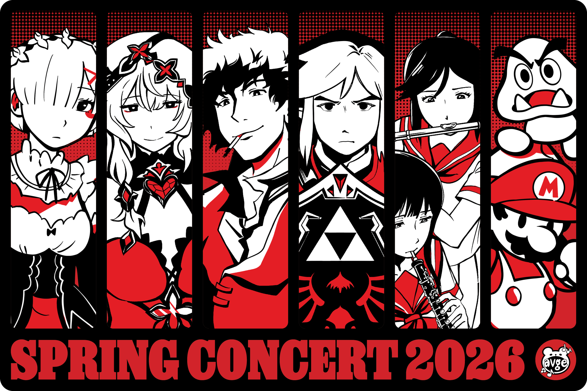 A stylized red white and black promotional poster for a Spring Concert 2026 featuring various iconic anime and video game characters in vertical panels including Rem Spike Spiegel Link Mario and others