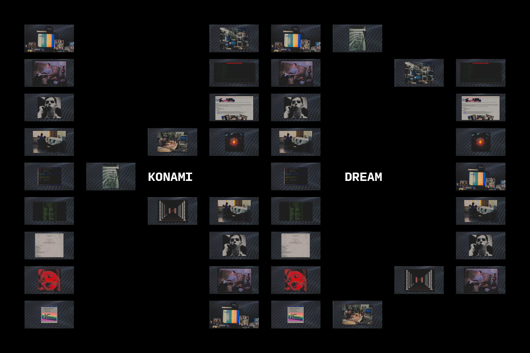 A grid of image thumbnails and the words KONAMI and DREAM arranged to form the large capital letters K and D on a dark background