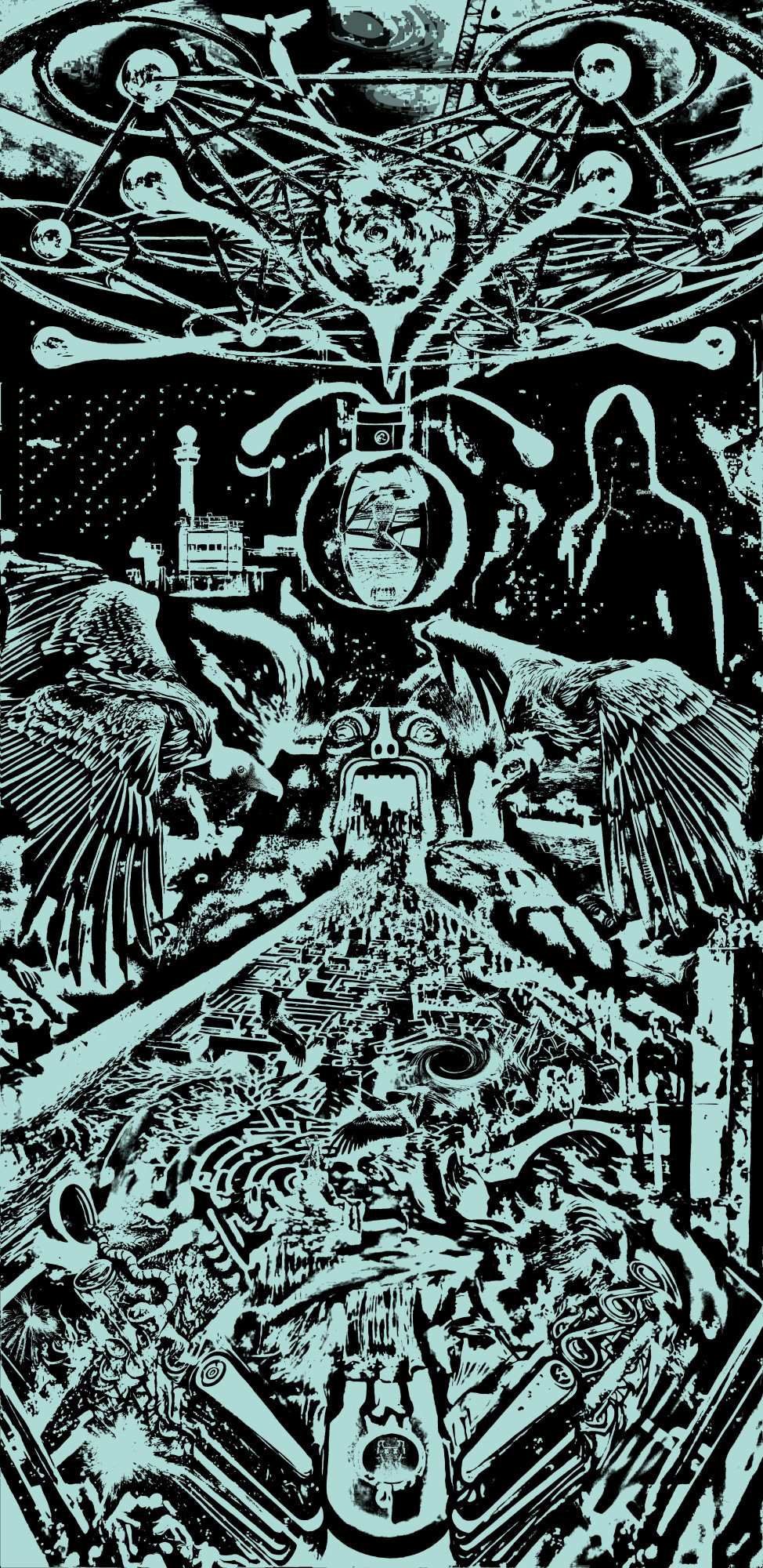 Surreal high contrast teal and black artwork depicting a chaotic stream of mazes and cities flowing from a monstrous mouth into a pinball machine beneath cosmic geometry and hooded figures