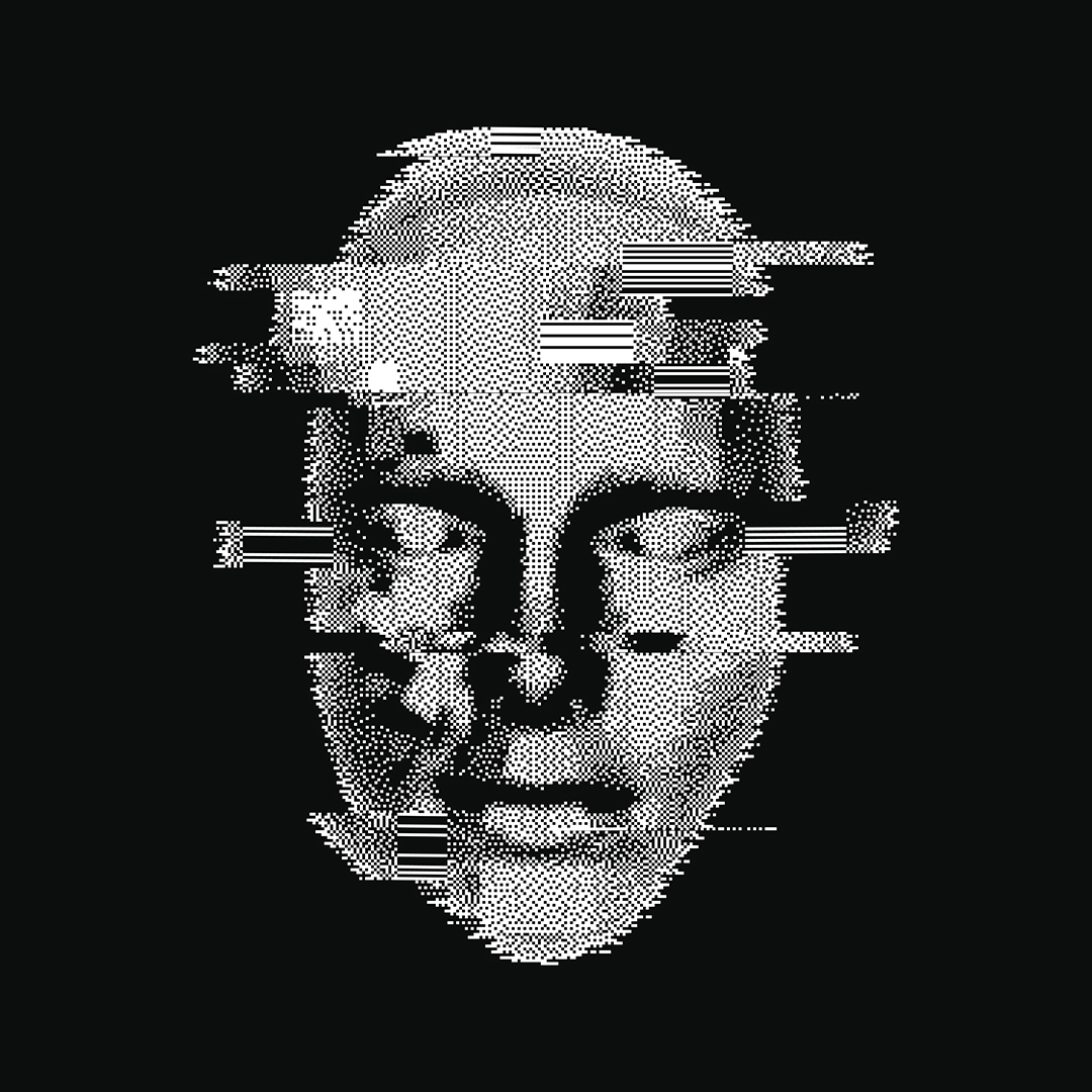 A monochromatic digital portrait of a human face with pixelated textures and horizontal glitch distortion effects