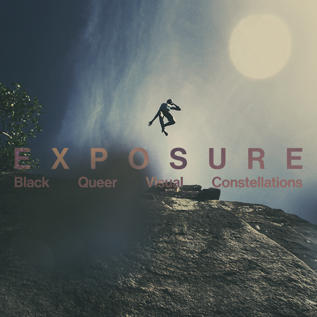 A person jumps in midair over rocky terrain with text reading exposure black queer visual constellations overlaid on the image
