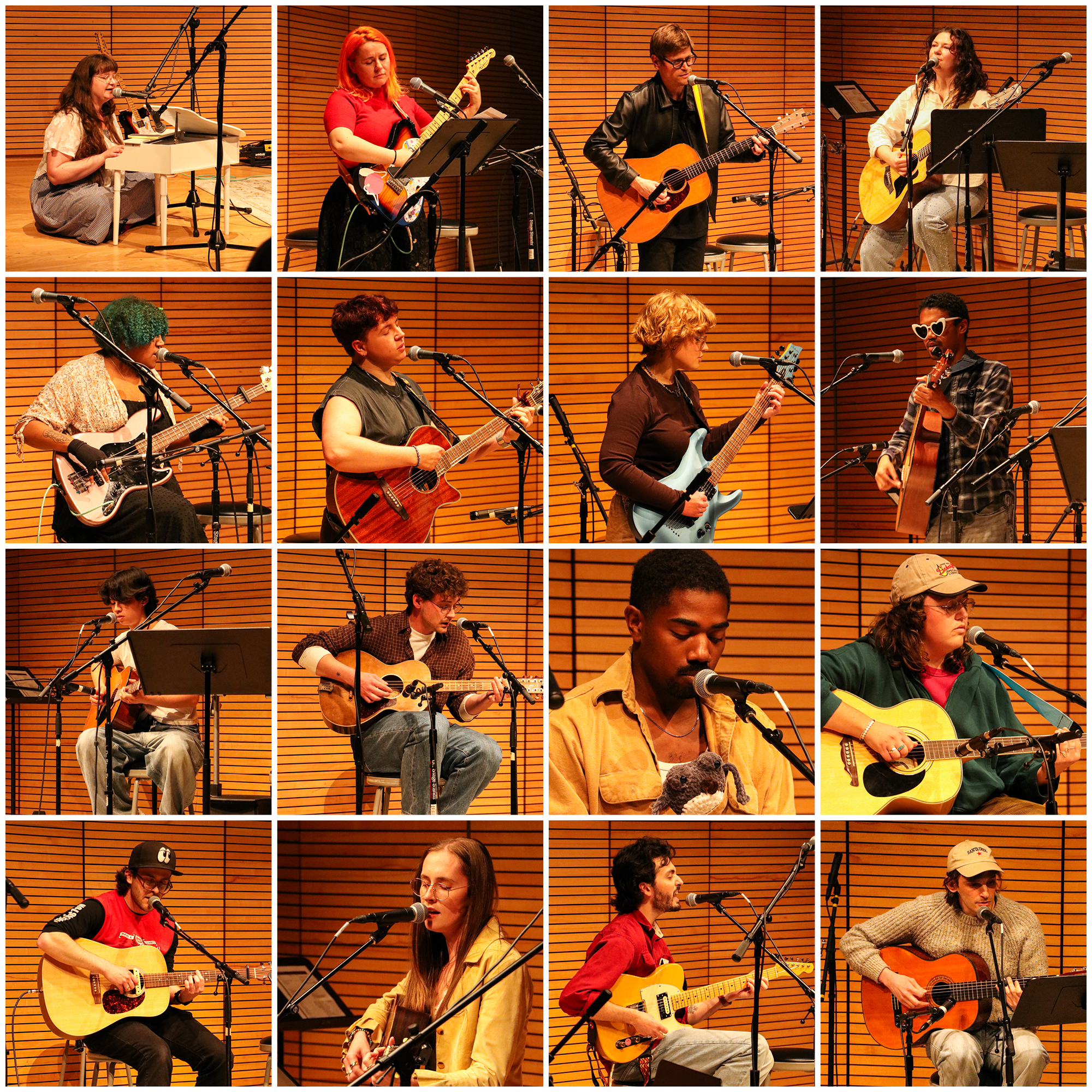 a grid of sixteen photos showing individual musicians performing on a stage in front of a horizontal wood slatted wall with most playing acoustic or electric guitars or bass while singing into microphones and one person playing a small white piano on the floor
