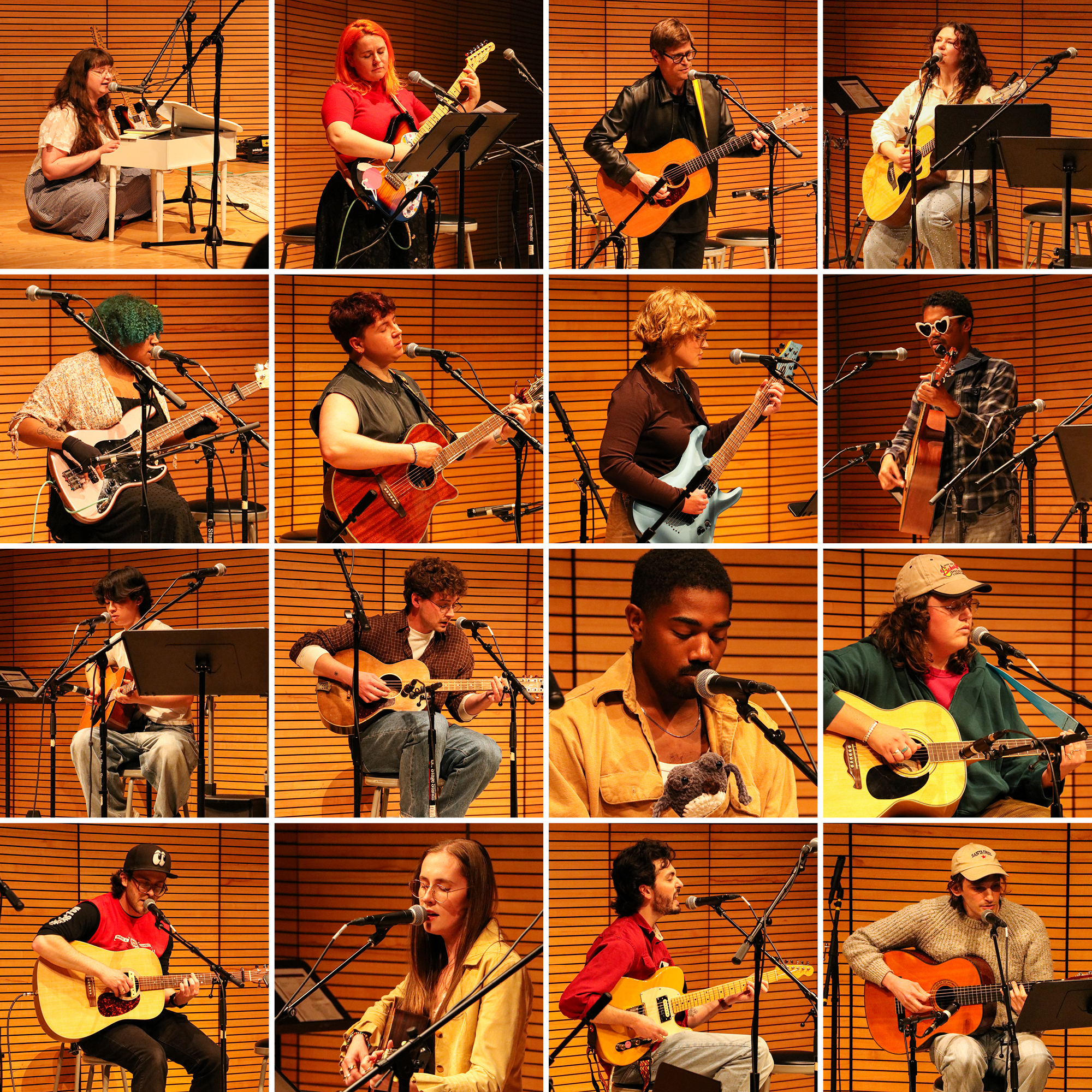a grid of sixteen photos showing individual musicians performing on a stage in front of a horizontal wood slatted wall with most playing acoustic or electric guitars or bass while singing into microphones and one person playing a small white piano on the floor