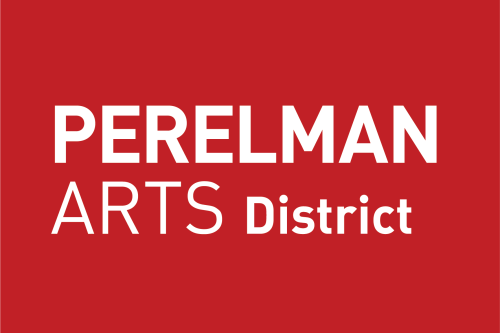 Perelman Arts District in white on a red background