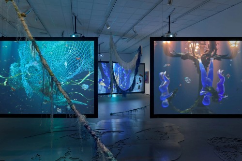 A gallery installation view with two large screens showing underwater animations.
