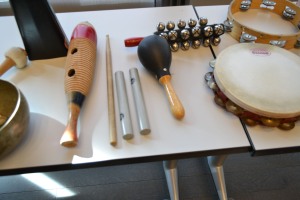 Table with percussion instruments.
