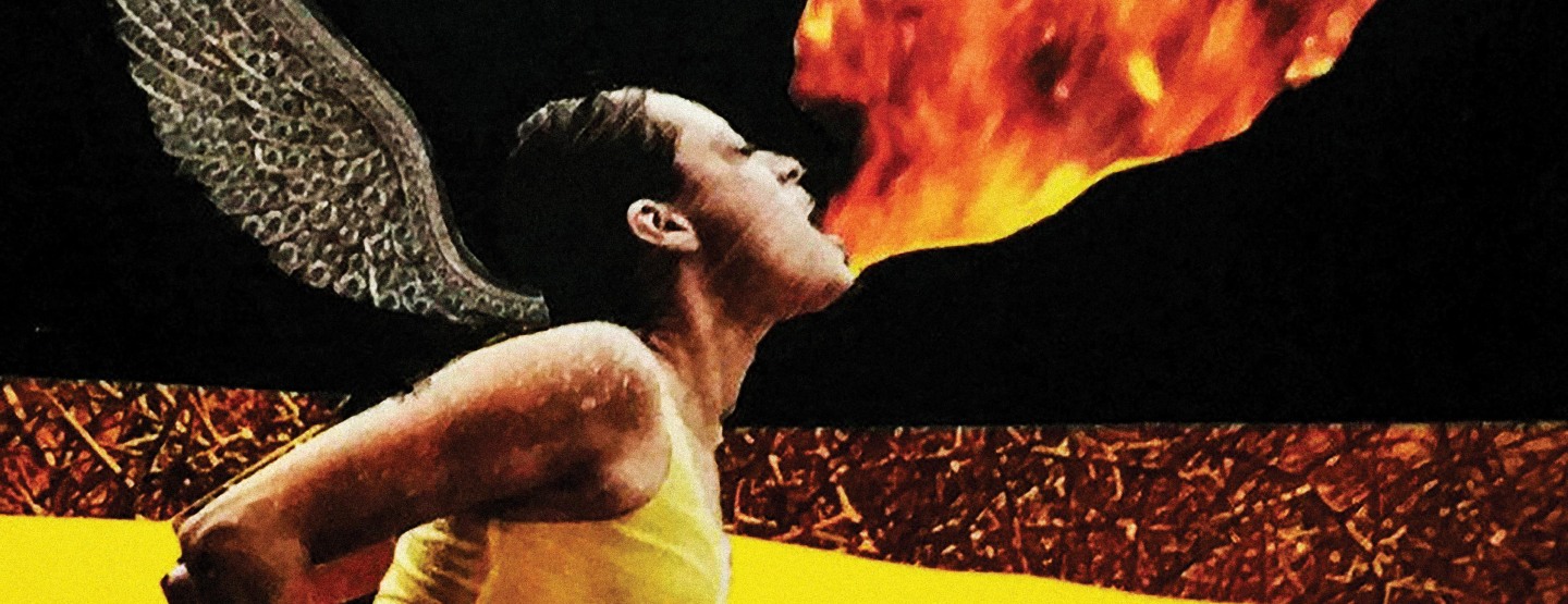 A stylized image of a woman with wings breathing fire.