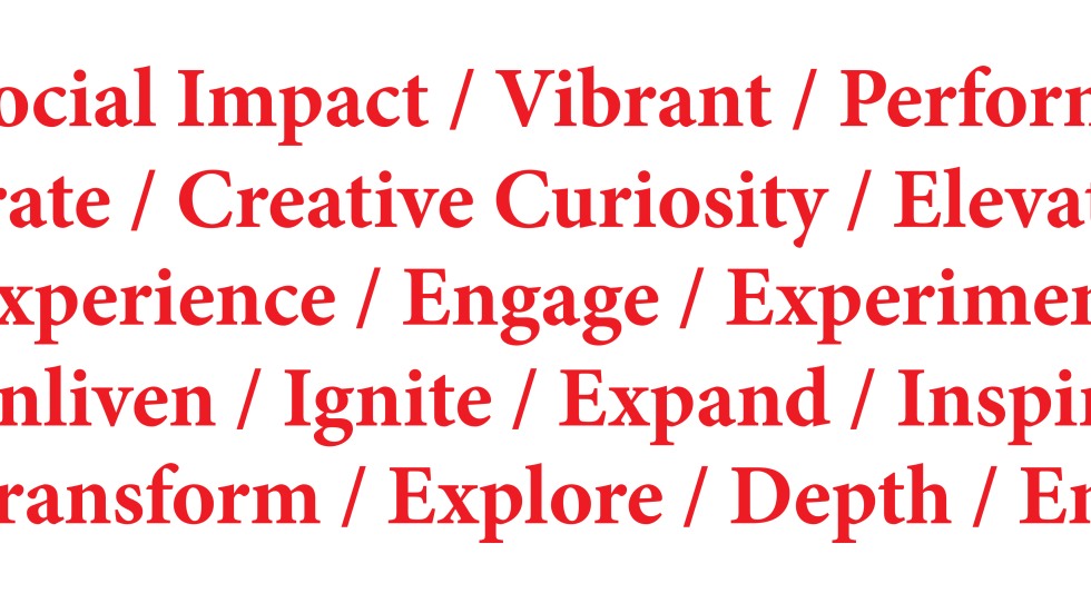 Red text on a white back backgroun, such as vibrant, creative curiosity, engage, experiment