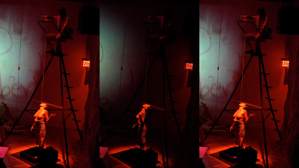 A triptych of photographs featuring Julie Tolentino receiving liquid globes of honey from above. She is undressed down to the waist.