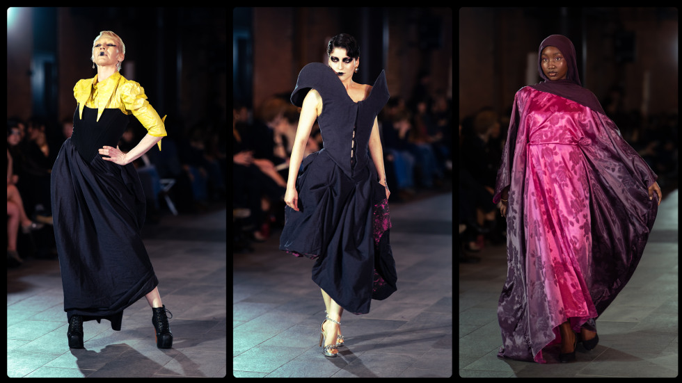 Three fashion models showcasing experimental runway looks including a yellow and black structural gown a sculptural navy bodice and a flowing floral pink abaya with a hijab