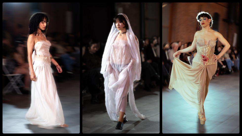 Three fashion models walking a runway in ethereal light-colored garments including a draped white gown a sheer hooded ensemble and a beaded corset dress with a red accent