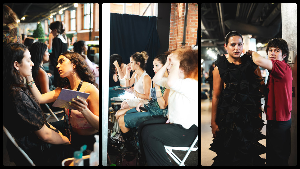 Three panels showing fashion show preparations including a makeup artist applying products to a model models applying their own makeup and a stylist adjusting a complex geometric black gown