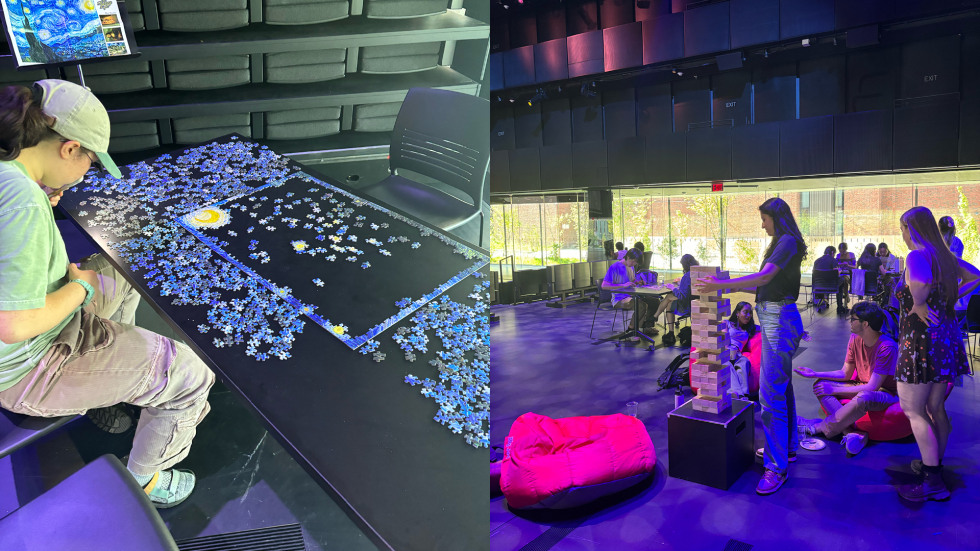 A split image showing a student working on a Starry Night jigsaw puzzle and a group of students playing giant Jenga in a large hall with pink bean bags at the Lindemann Performing Arts Center
