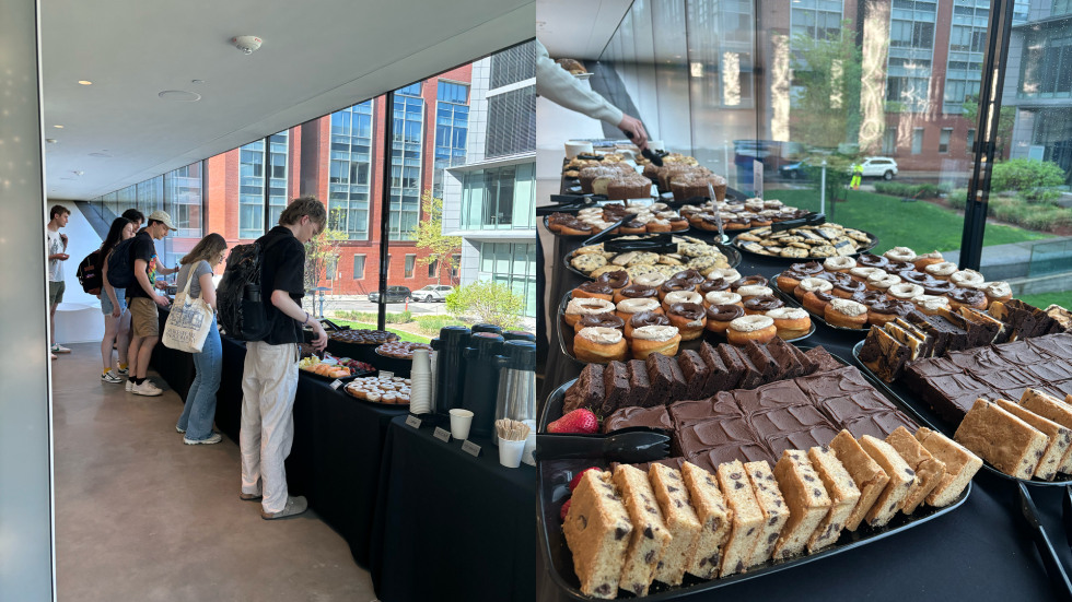 A split image shows students attending a study break buffet in a modern glass hall at The Lindemann in 2024 with a wide selection of desserts and beverages