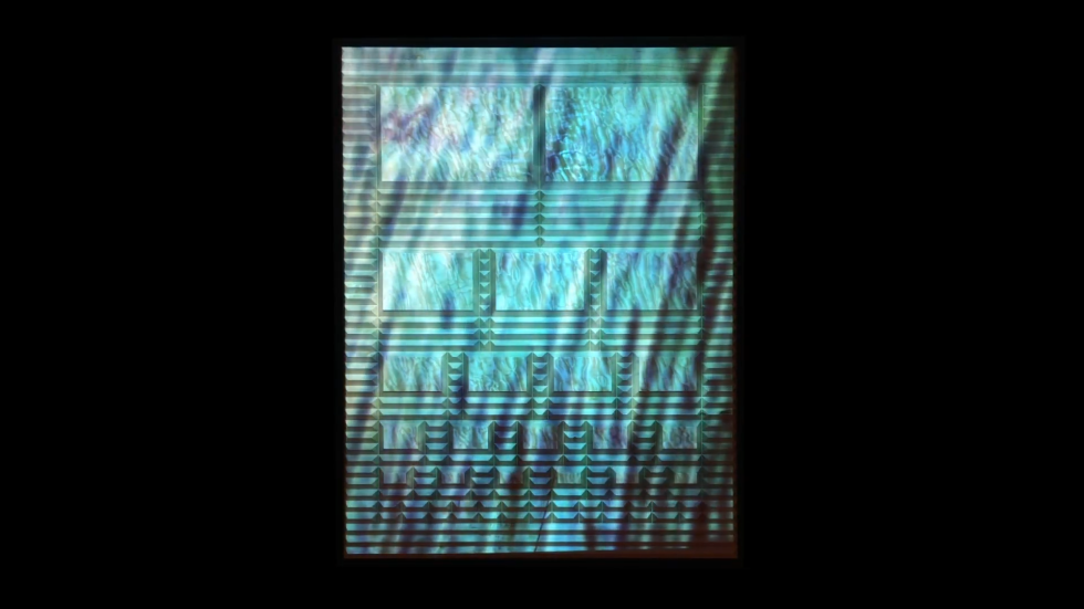 A vertically oriented abstract artwork featuring geometric grid patterns illuminated with shimmering, rippling turquoise and aqua-blue light and shadowed textures against a black background.